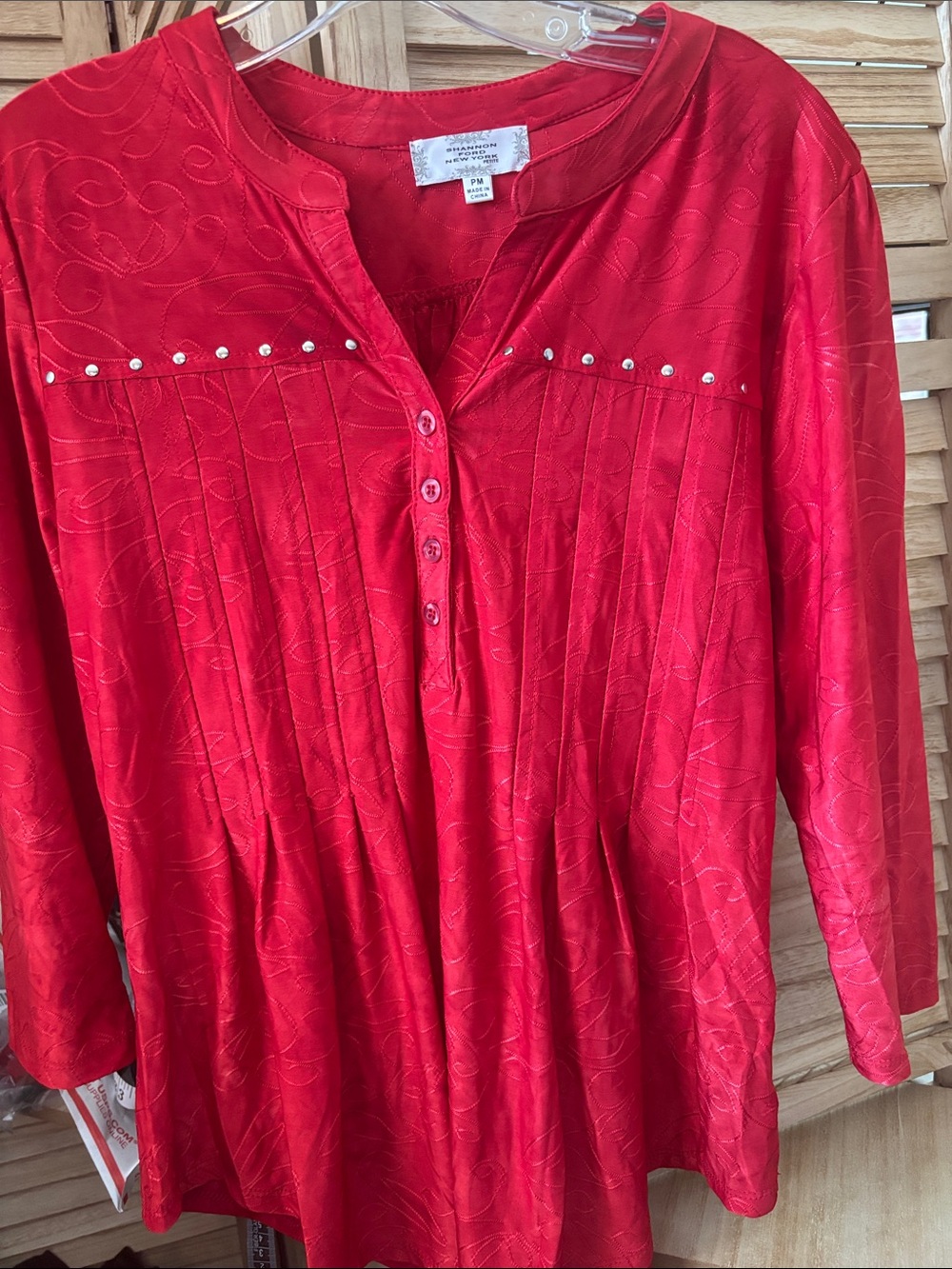 Shannon Ford Red Pleated Button-Front Top with Stud Detail Petite Medium